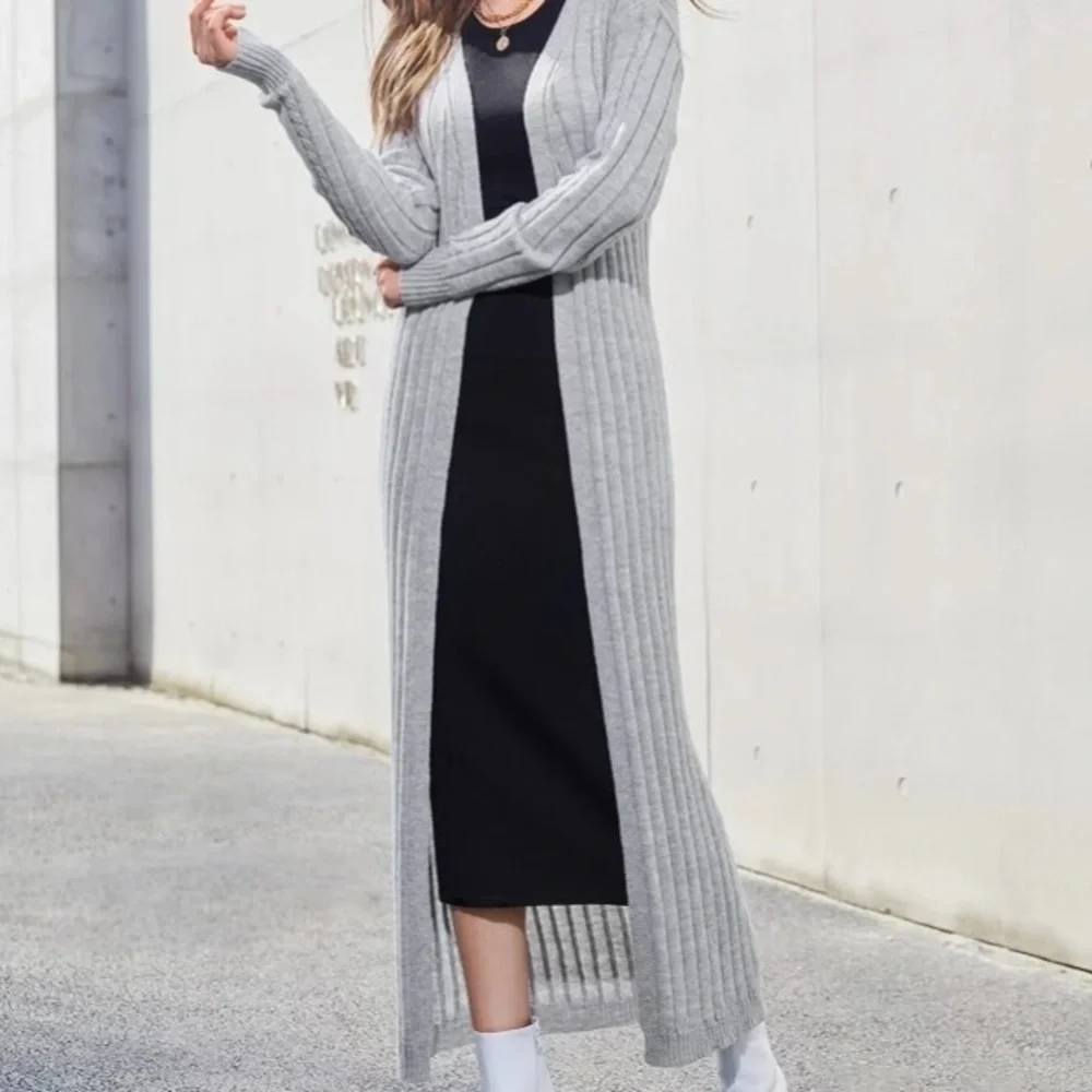 Light Grey Rib Knit Long Cardigan in M - Picture 1 of 5